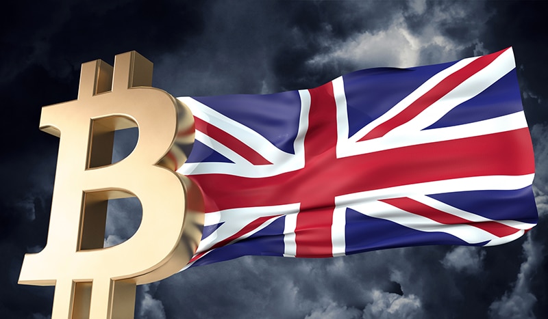 Gold bitcoin cryptocurrency with a waving UK flag. 3D Rendering.