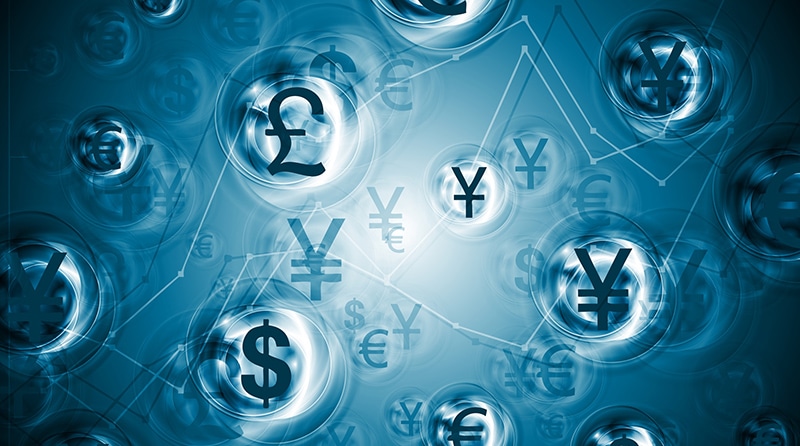 Blue technical background with world currencies.