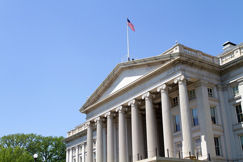 The Treasury Department building located in Washington, D.C., USA.