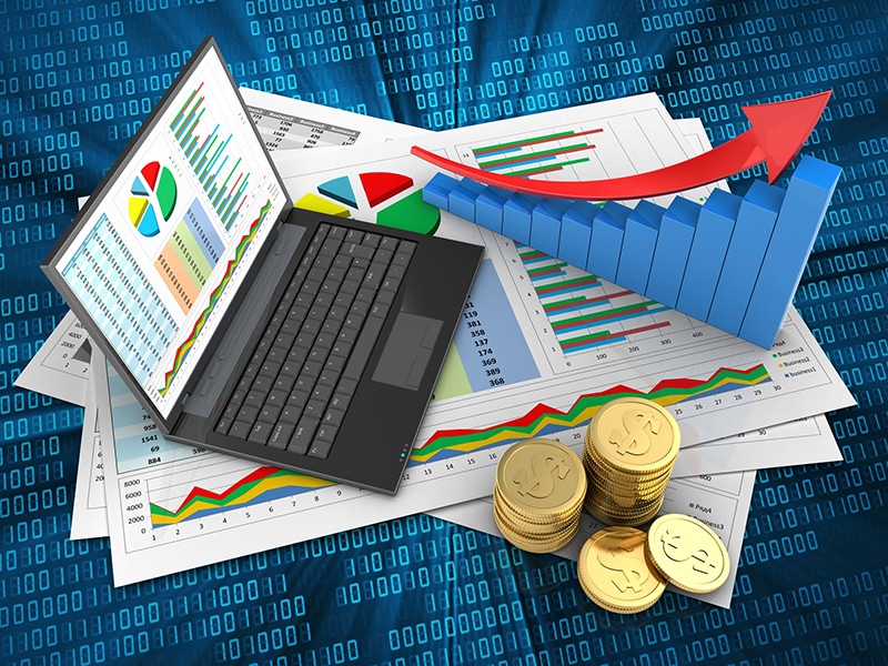 3d illustration of business documents and personal computer over digital background with arrow graph