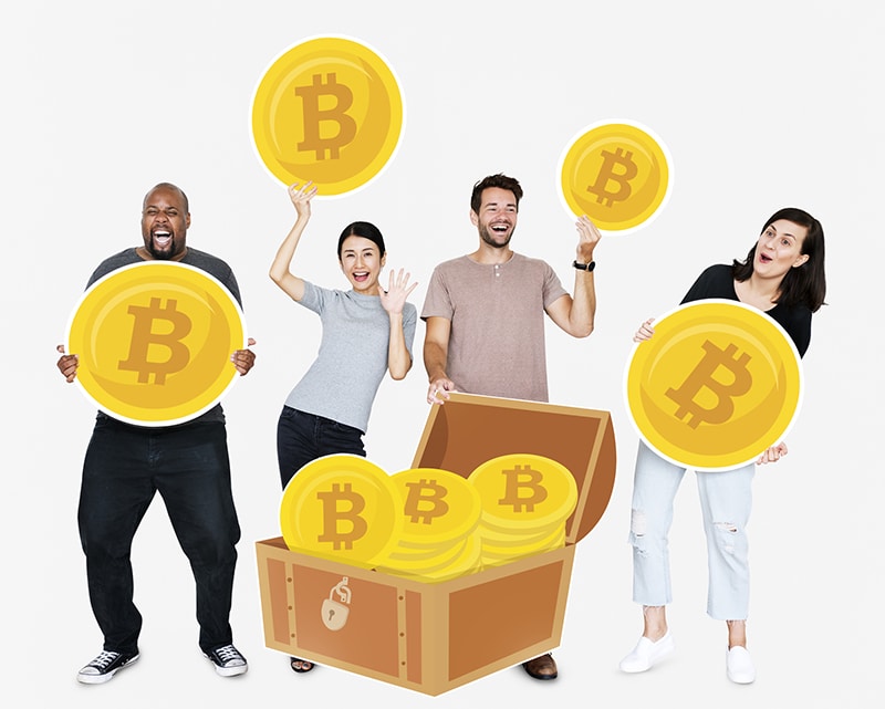 Diverse people investing in bitcoin cryptocurrency