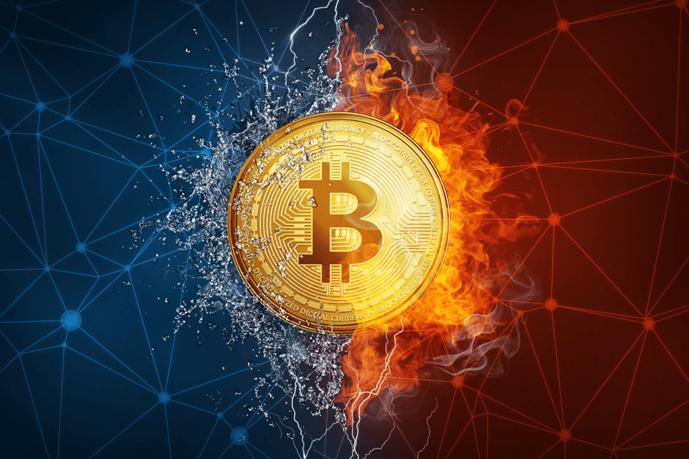 Bitcoin on the water & fire background