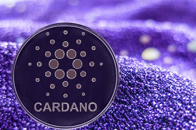 Coin cryptocurrency Cardano and neon fabric background. ADA