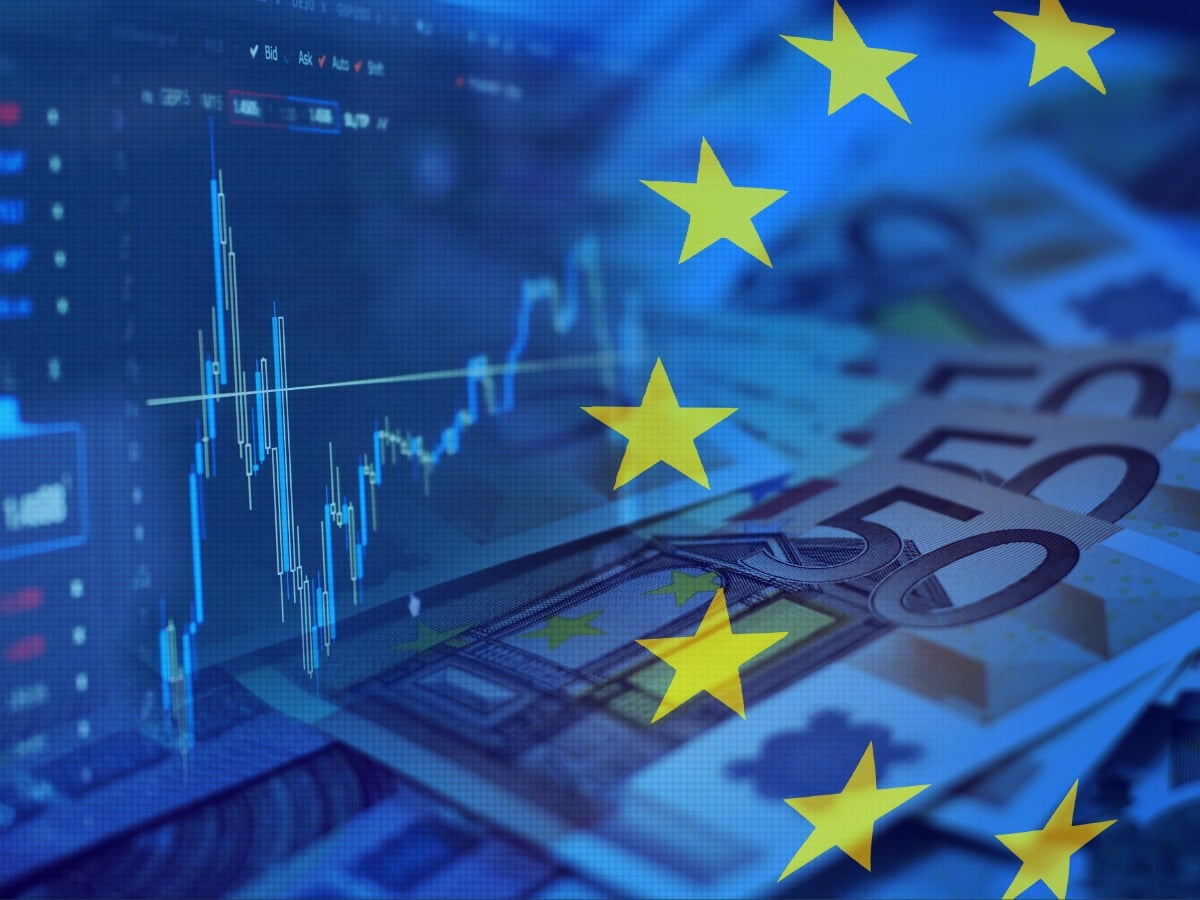 Concept of european stock exchange, flag of European Union, EURO bank notes