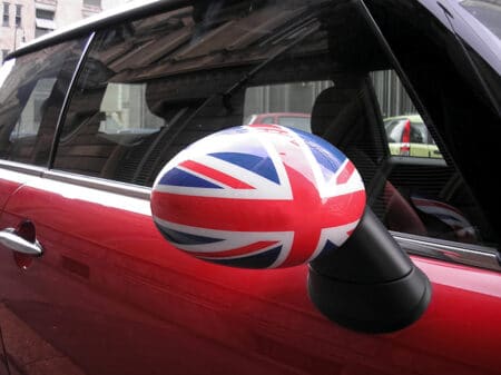 A British car with a Union Jack flag