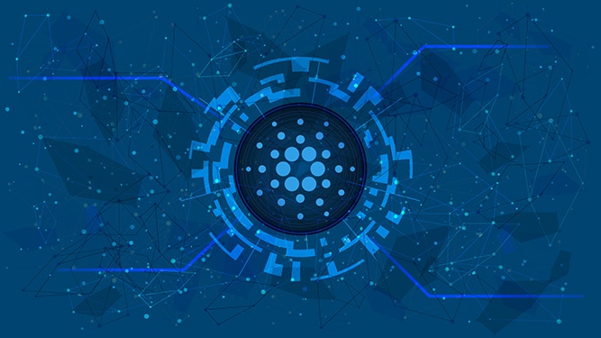 Cardano token symbol in a digital circle with a cryptocurrency theme on a blue background.