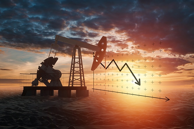 Oil pump, derrick industrial oil production at sunset, oil prices graph down arrows.