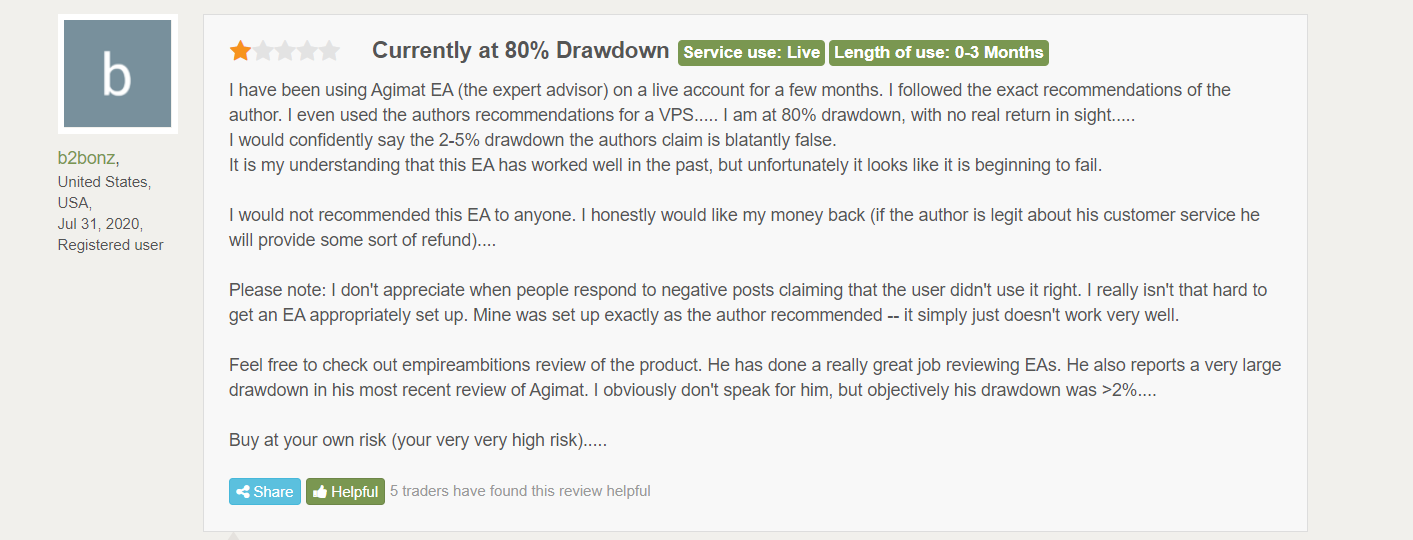 User review on FPA claiming high drawdown