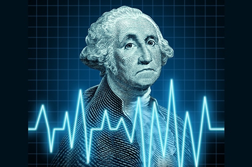 Health of the U.S. economy featuring the vintage portrait of George Washington with a heart monitor ekg graph