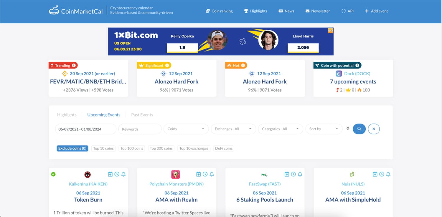 screen of CoinMarketCal platform