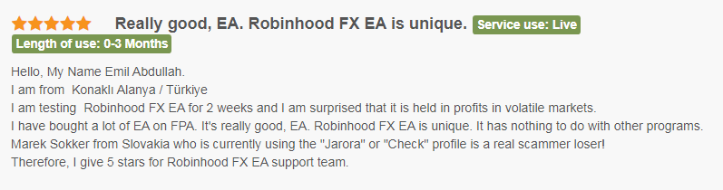 Trader stating that the EA is good and unique