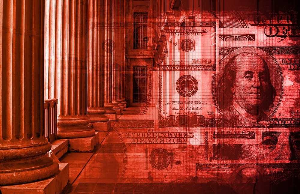 Abstract сoncept with dollars and government building columns