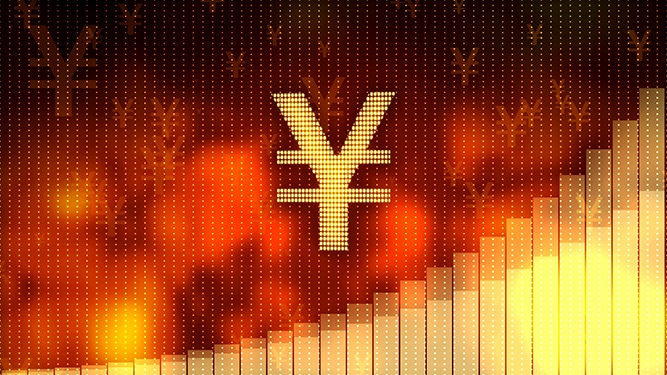 Golden yen symbol on red background, rising graph, financial crisis averted, stock footage