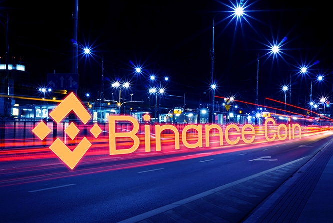Concept of Binance coin moving fast on the road, a Cryptocurrency blockchain platform , Digital money
