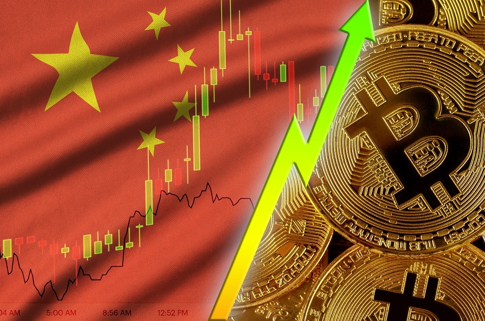 China flag and cryptocurrency growing trend with many golden bitcoins. Concept of raising Bitcoin in price or high conversion in cryptocurrency mining