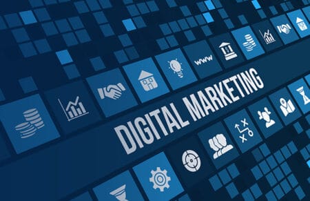 Text "Digital Marketing" with different icons, digital marketing concept
