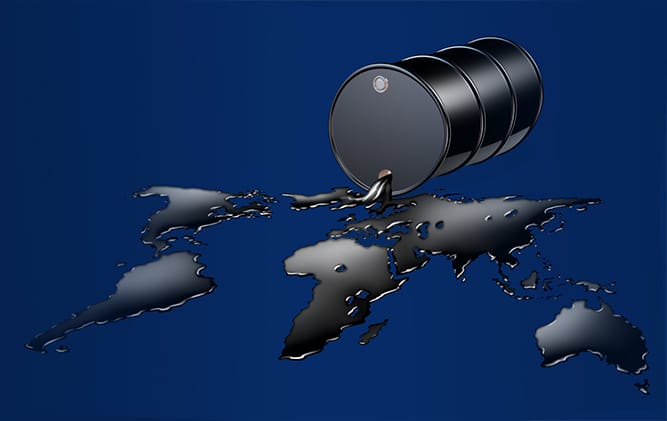 Oil Industry with a black drum barrel pouring and spilling out fossil fuel liquid crude as a map of the world showing the financial energy business concept