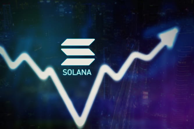 Close up of upward arrow and Solana symbol with virtual screen background