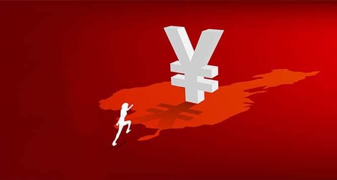 Silhouette of businessman running with money yuan currency icon 3D with shadow on china map.