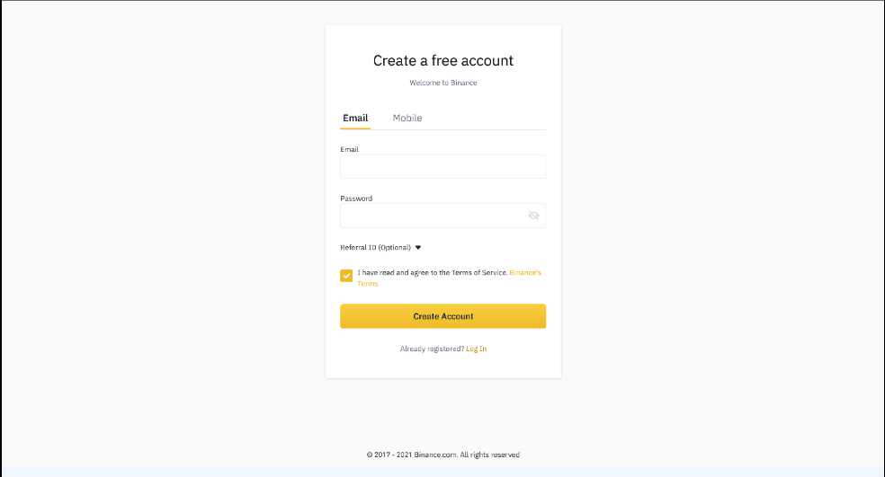 Registration window of Binance wallet