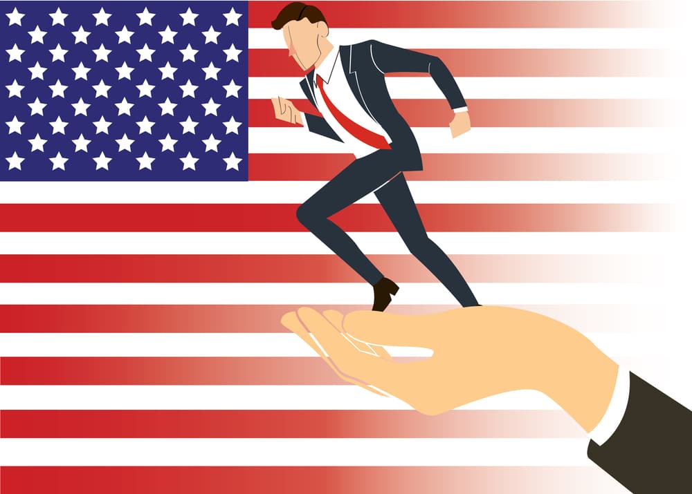 Flag of USA and running businessman
