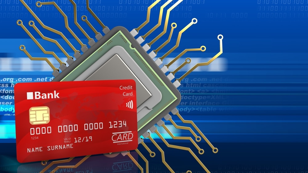 3d illustration of cpu over digital background with bank card