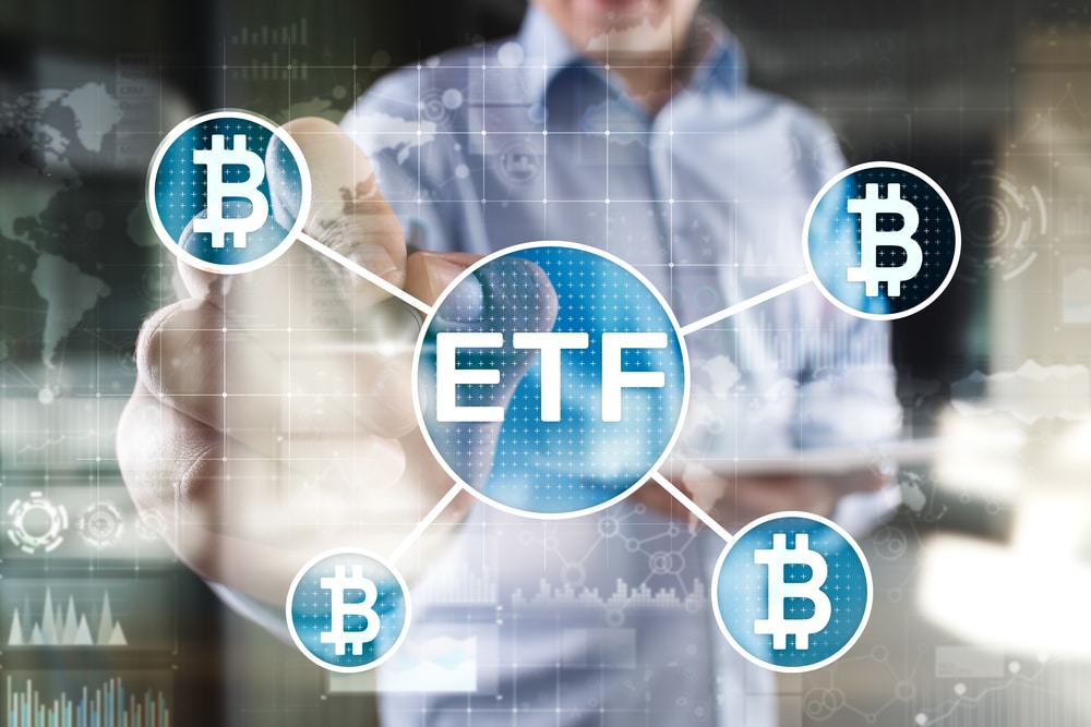 Bitcoin ETF, Exchange traded fund and cryptocurrencies concept on virtual screen