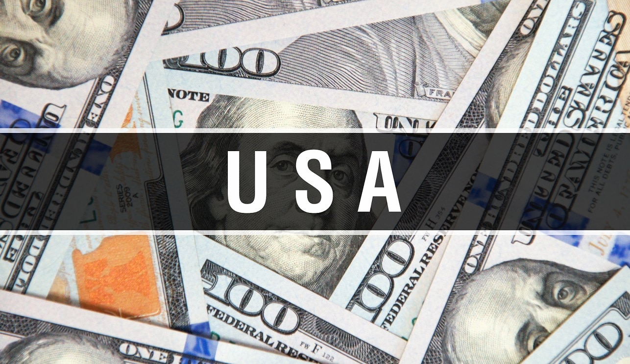U S A text Concept Closeup. American Dollars Cash Money,3D rendering. U S A at Dollar Banknote. Financial USA money banknote
