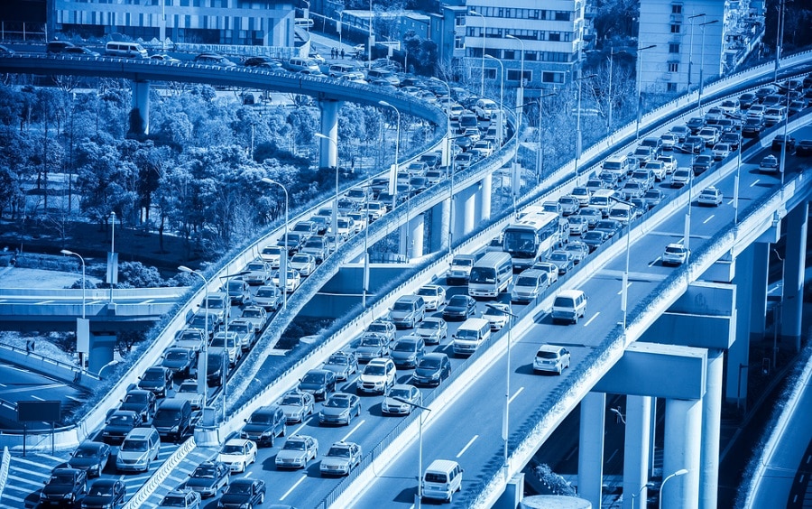 traffic jams closeup on modern city highway junction
