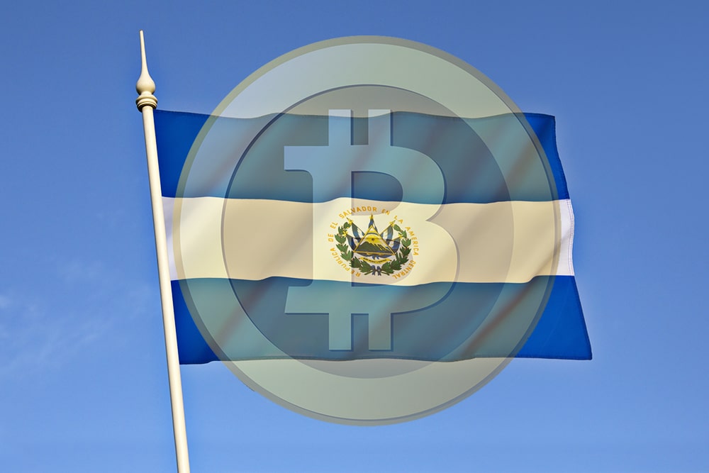 Flag of El Salvador with symbol of the bitcoin