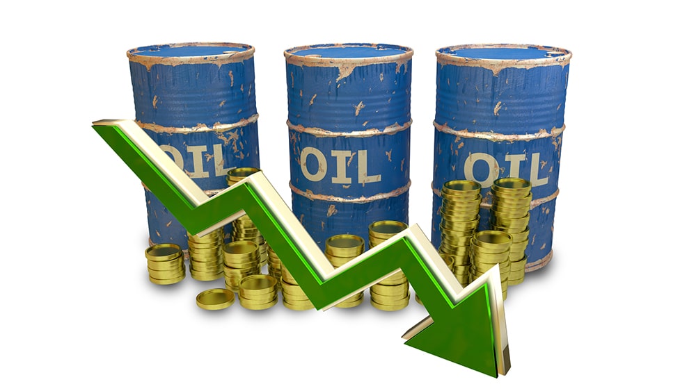 price of fuel decreases - isolated on white - blue oil barrels with golden coins and green arrow