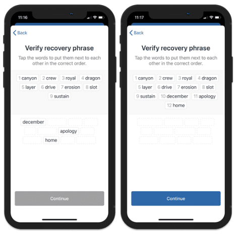 Recovery in the app, recovery phrase