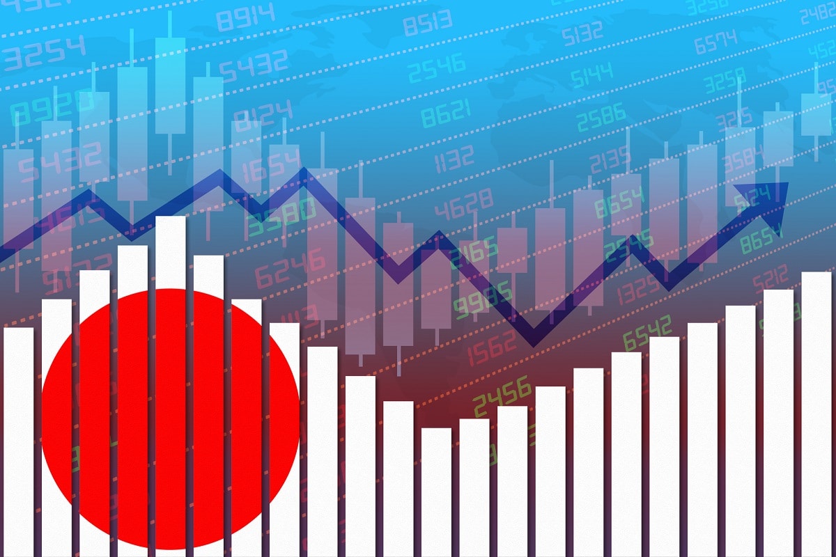 Flag of Japan on bar chart, concept of economic