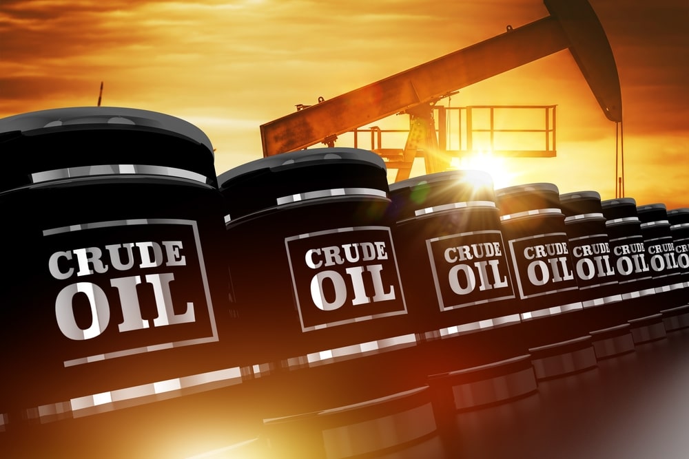 Crude Oil Trading Concept with Black Crude Oil Barrels and Oil Pump During Sunset. 3D Rendered Barrels.