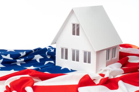 Layout of the house on the us flag. Moving to America. The acquisition of real estate in the United States of America. Immigration. Accommodation in the USA.