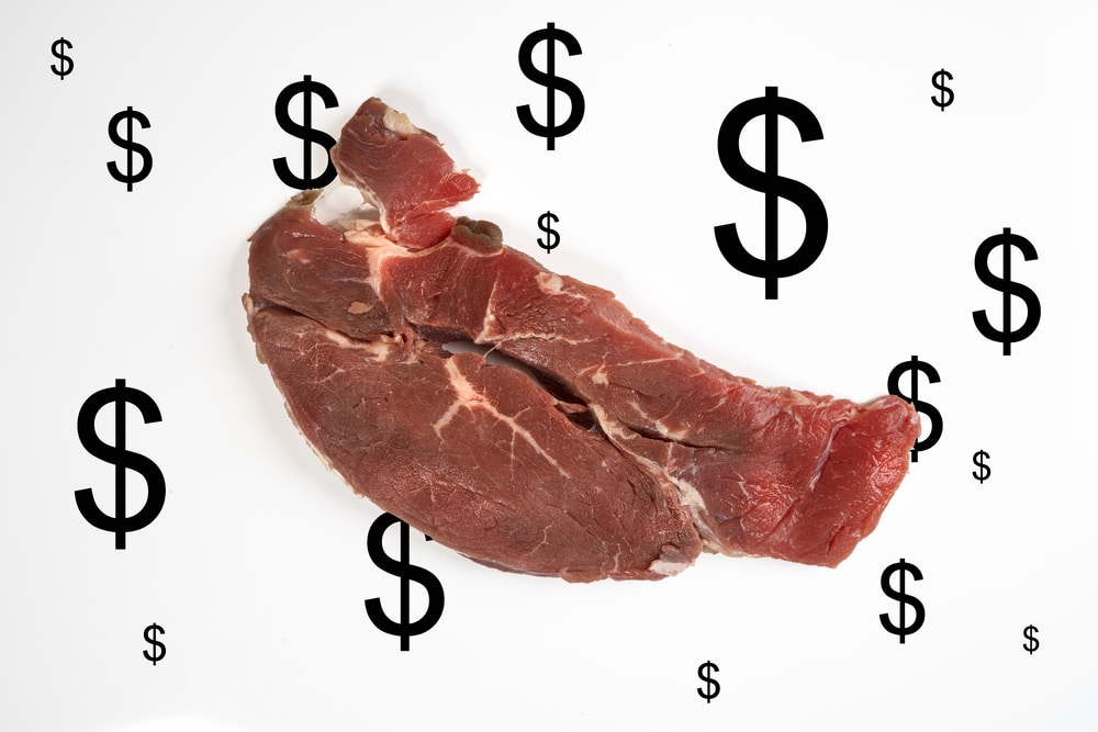 a roast beef steak with some dollar signs on a white surface