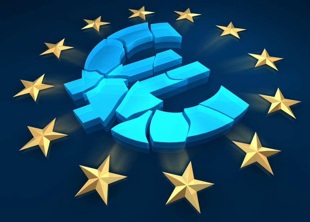 Disintegration of the eurozone. Gold stars are fleeing from the euro symbol. 3d render