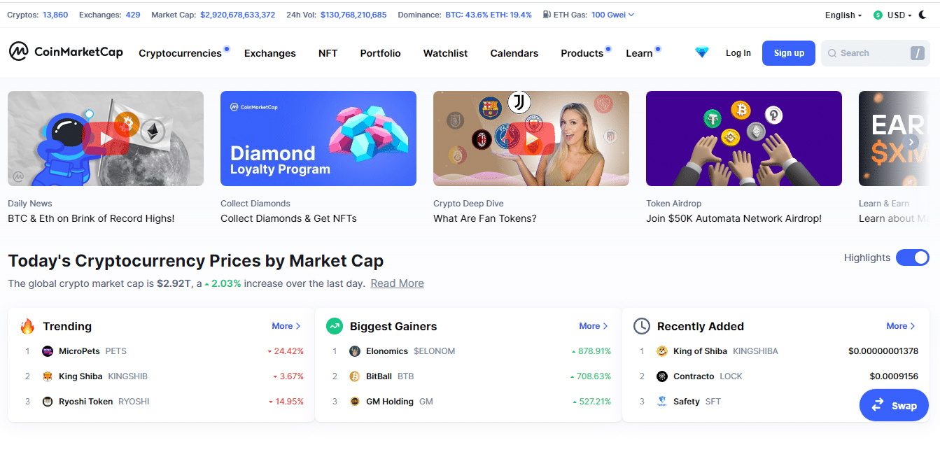 CoinMarketCap home page