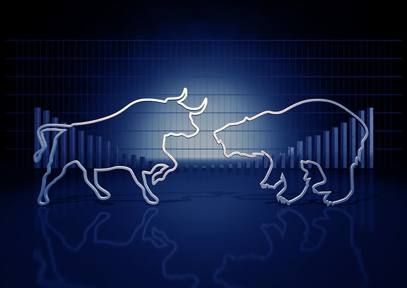 An abstract closeup of two outlines depicting a stylized bull and a bear representing financial market trends on a bar graph background