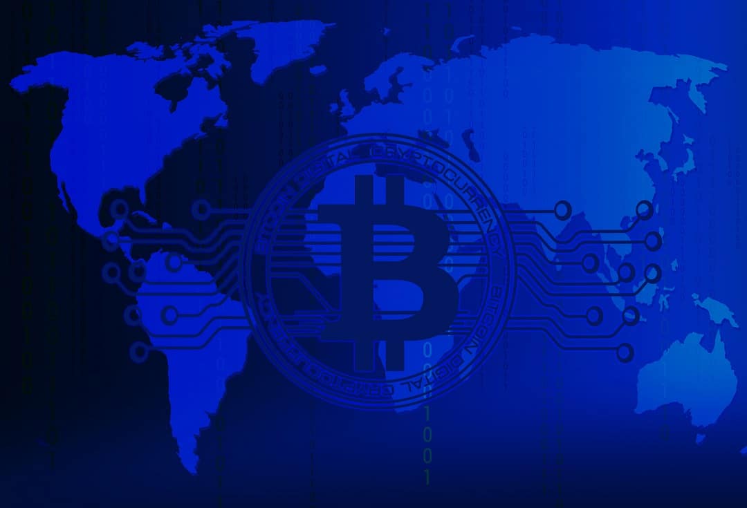 Abstract technology bitcoins logo with circuit line on world map,blue technology background