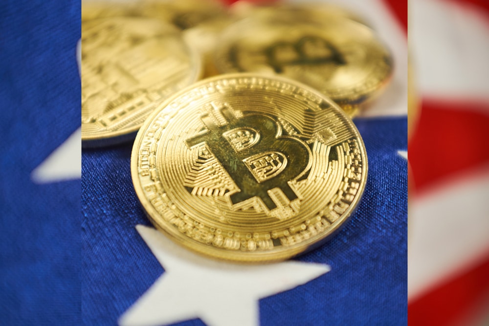 Bitcoin Gold Color on the Flag of USA. Cryptocurrency on Background of Flag of United States of America
