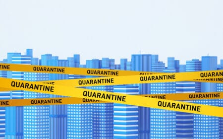 Abstract city closed for quarantine by yellow tape. Concept of 2019 ncov pandemic quarantine and staying home. 3d rendering