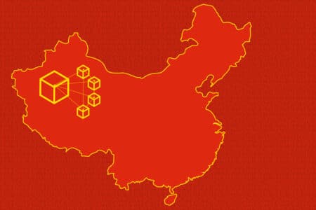 Flag of China, stars replaced with box cubes inside a chinese map silhouette.