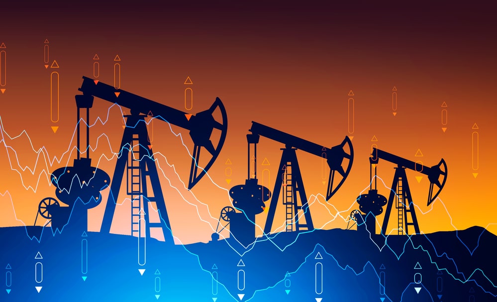 Three oil pumps over orange background with double exposure of falling blurry digital charts. Concept of oil market crisis. 3d rendering toned image