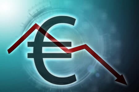 Euro rate is reduced. Graph down simple icon. Decline of finance, banking