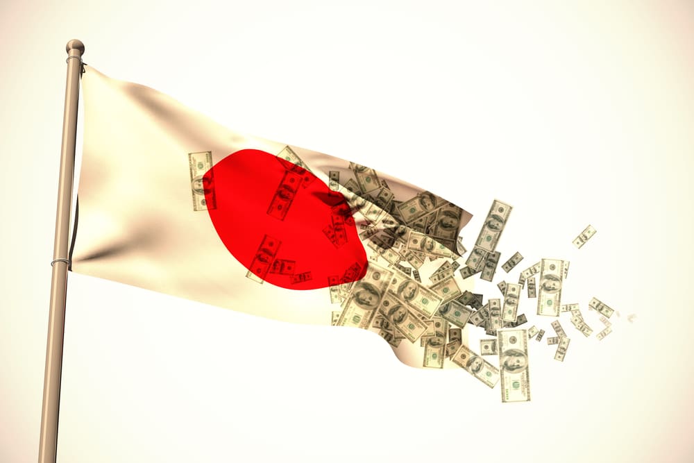 Falling dollars from japan`s flag against white background with vignette