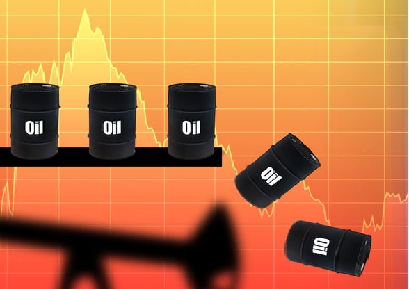 Barrels of oil fly down. Concept - a man sold oil futures. Concept - investor earned on falling prices. A man with money in his hands. Concept - buying stocks during a crisis. Commodity market.