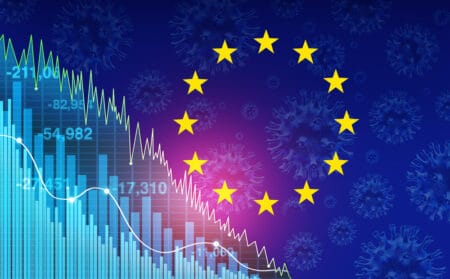 Eurozone recession and European economy and economic pandemic fear and coronavirus fears or virus outbreak and Stock market selling concept with 3D illustration elements