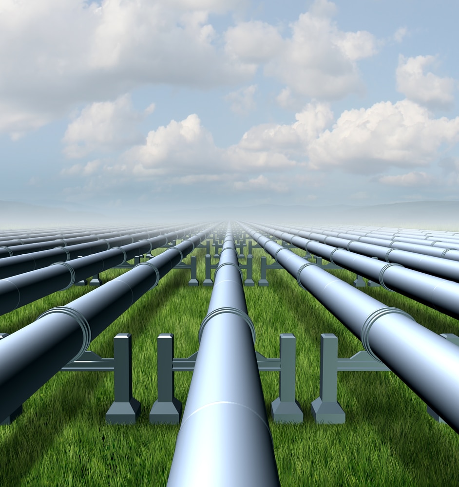Gas pipeline concept as a group of three dimensional metal pipes transporting liquids and fuel energy gases as a symbol of distribution and transportation of power commodities.
