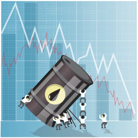 Oil industry crisis concept. Drop in crude oil prices. Financial markets vector illustration.